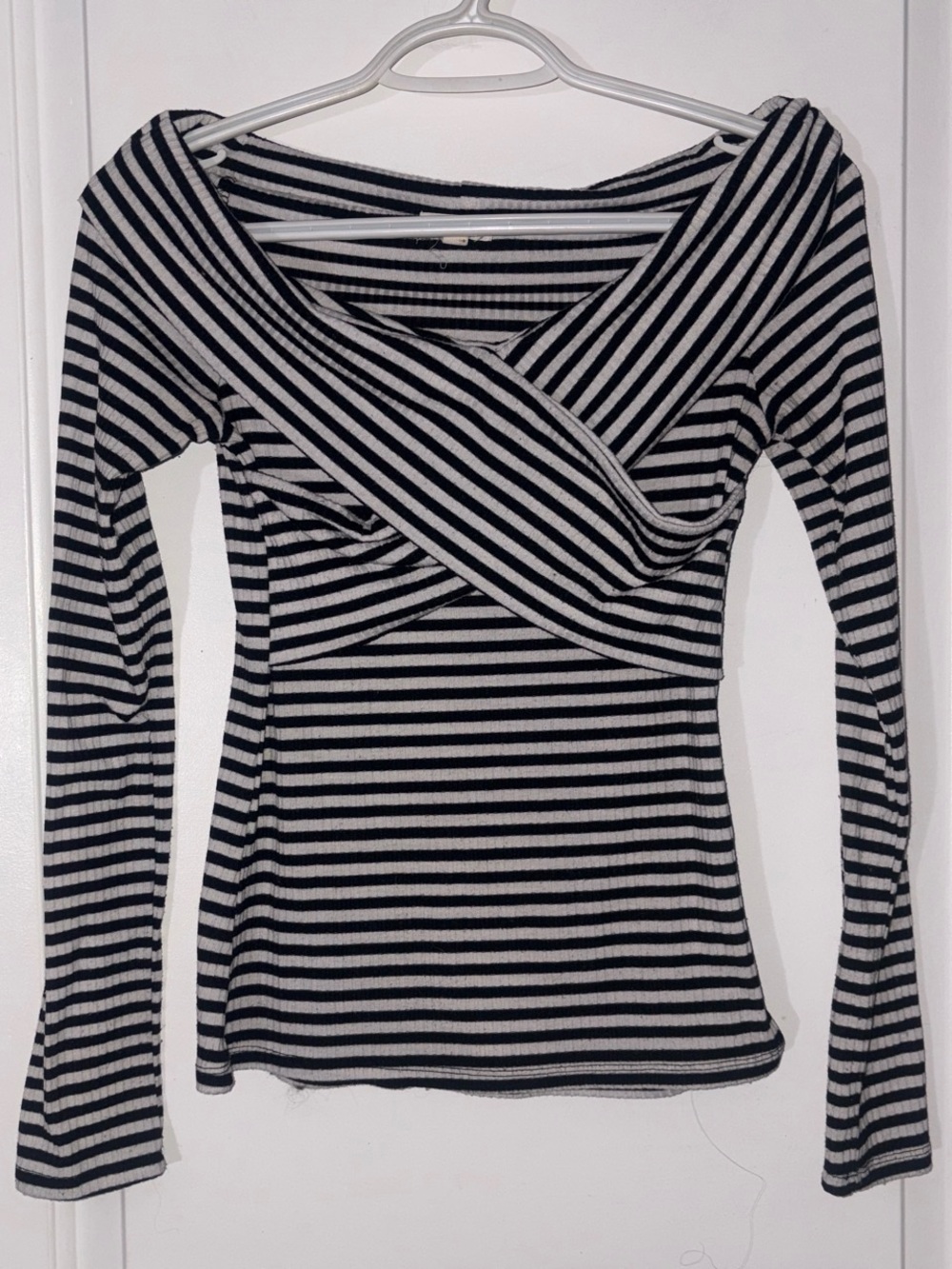 Ardene Black & White Striped Long-Sleeve Wrap Top